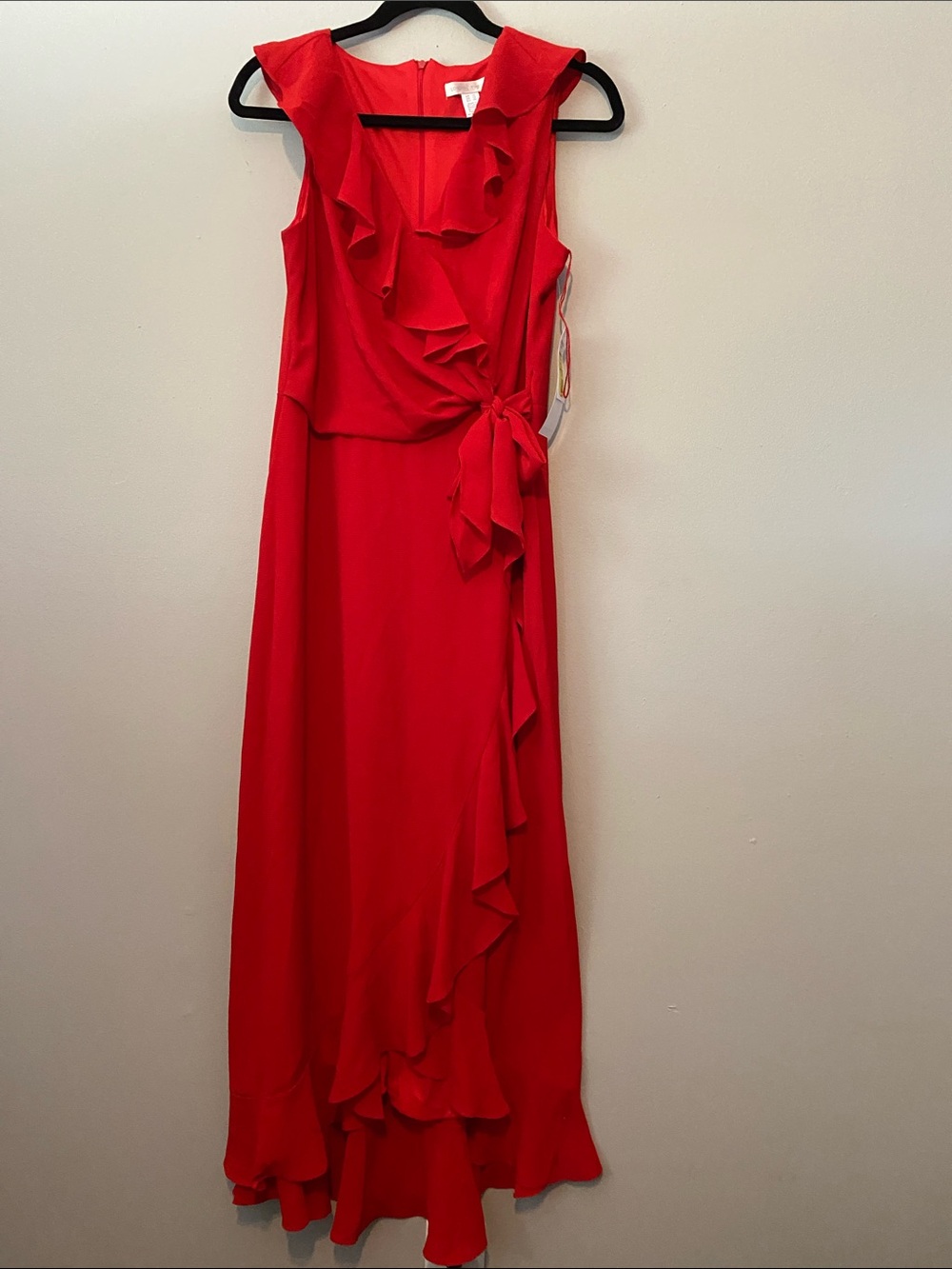 London Times Red Ruffle Wrap Maxi Dress
